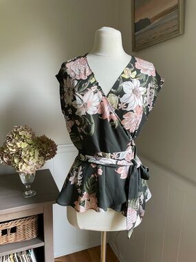 Elegant LOFT Wrap Peplum Top - Pink Floral on Dark Green